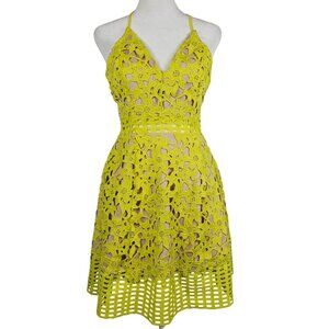 Lovers + Friends Womens XS Sundress Neon Yellow/Green Floral Lined Lacey Strappy